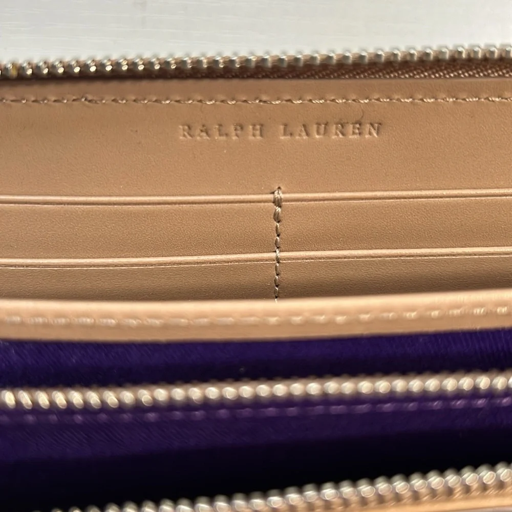 NWOT cream/beige and purple leather Ralph Lauren zipper wallet classic chic